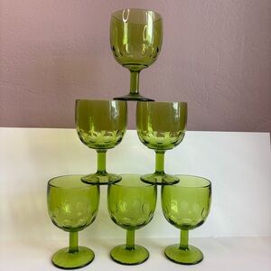 6 Vintage Bartlett Collins Avocado Green Thumbprint Goblets Stem Glasses 16 Oz